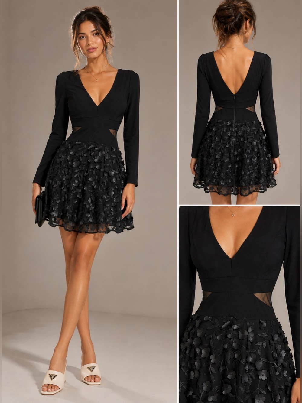 AQUA Formal Black V-Neck Long Sleeve 3D Floral Applique Mini Hoco Dress Size 4